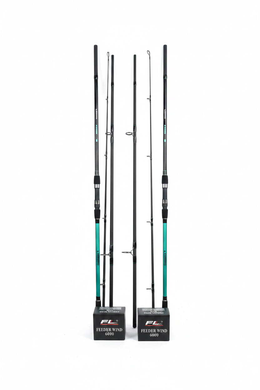 Set Pescuit: 2 x Lansete Saimino Argus 3.90m, 3.75 LBS, Carbon 98% + 2 x Mulinete FL Feeder Wind 6000