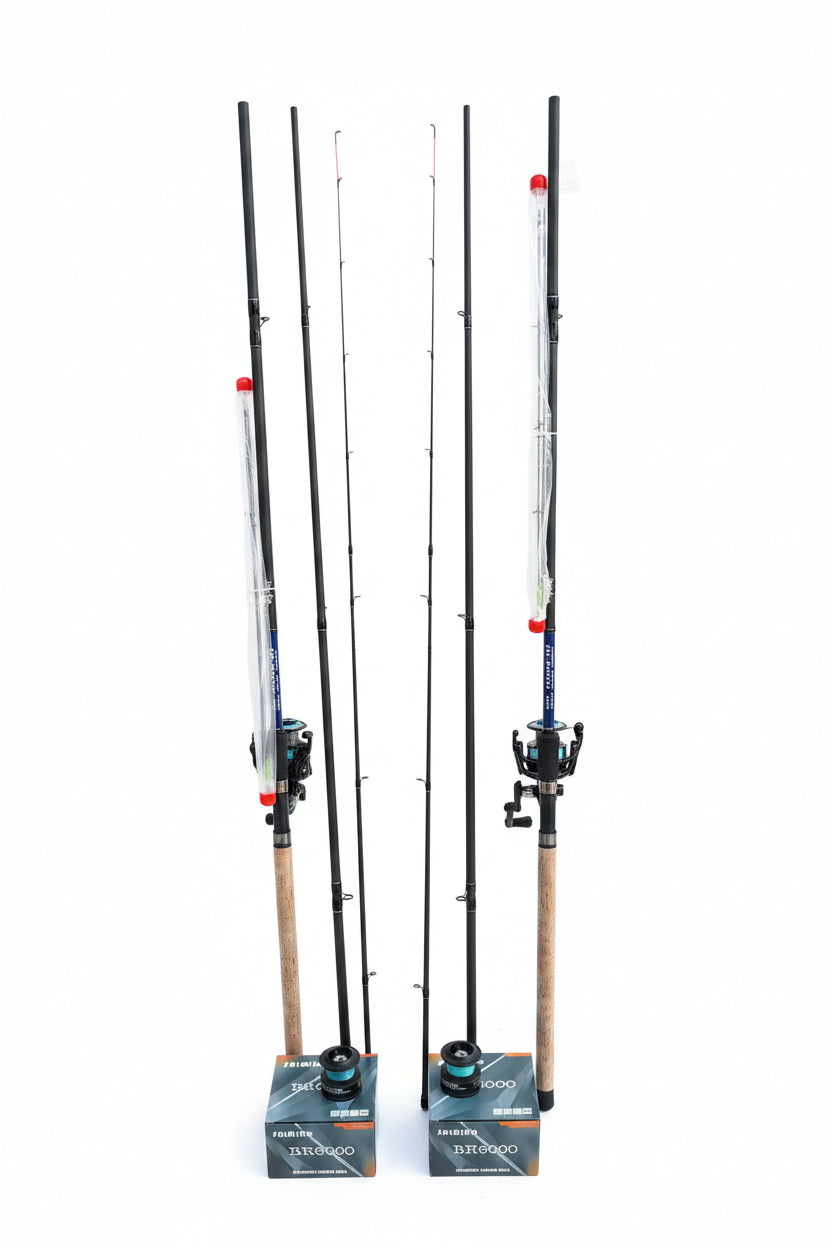 Set Pescuit Feeder: 2 x Lansete Saimino Super Feeder 3.90m + 2 x Mulinete Saimino BR6000 cu Baitrunner