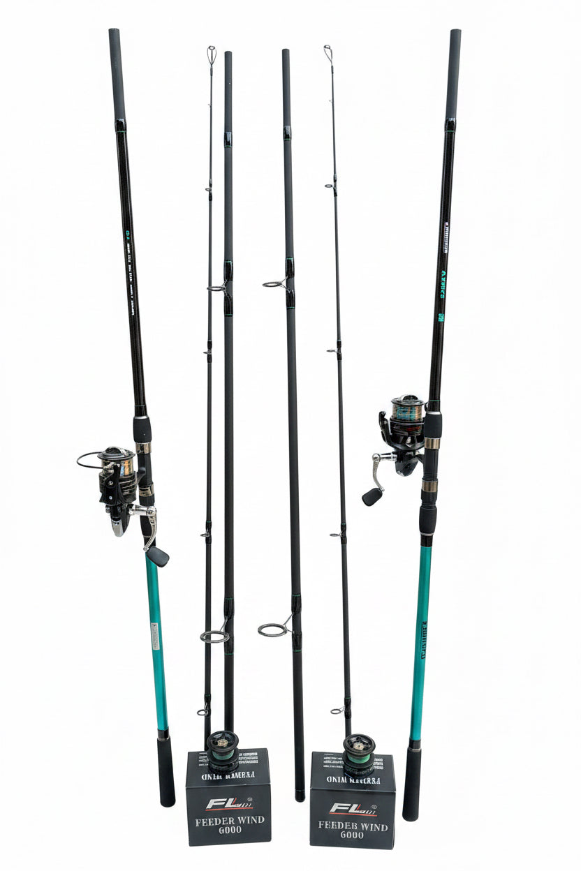 Set Pescuit: 2 x Lansete Saimino Argus 3.90m, 3.75 LBS, Carbon 98% + 2 x Mulinete FL Feeder Wind 6000