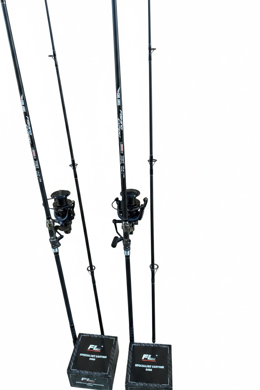 Set Complet de Pescuit: 2 Lansete Cool Angel Fishing Expert 3.90m + 2 Mulinete FL Specialist Catfish 9000