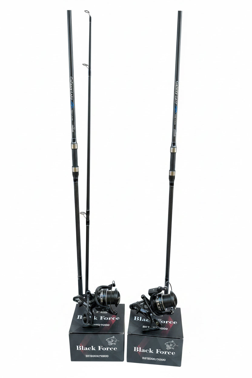 Set Pescuit 2 x Lansete FL Galaxy Carp 3.90m, 3.5lbs + 2 x Mulinete Black Force 9000