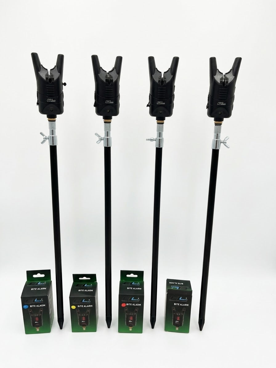 Set 4 Avertizori Electronici Pro FL (Bite Alarm) + 4 Picheti Telescopici
